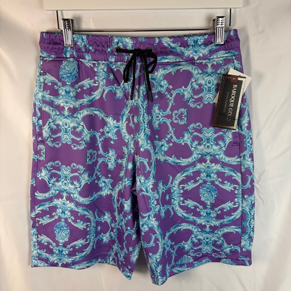 Baroque‎ Gold Mens Small Purple Blue Ornate Renaissance Rococo Medallion  Shorts